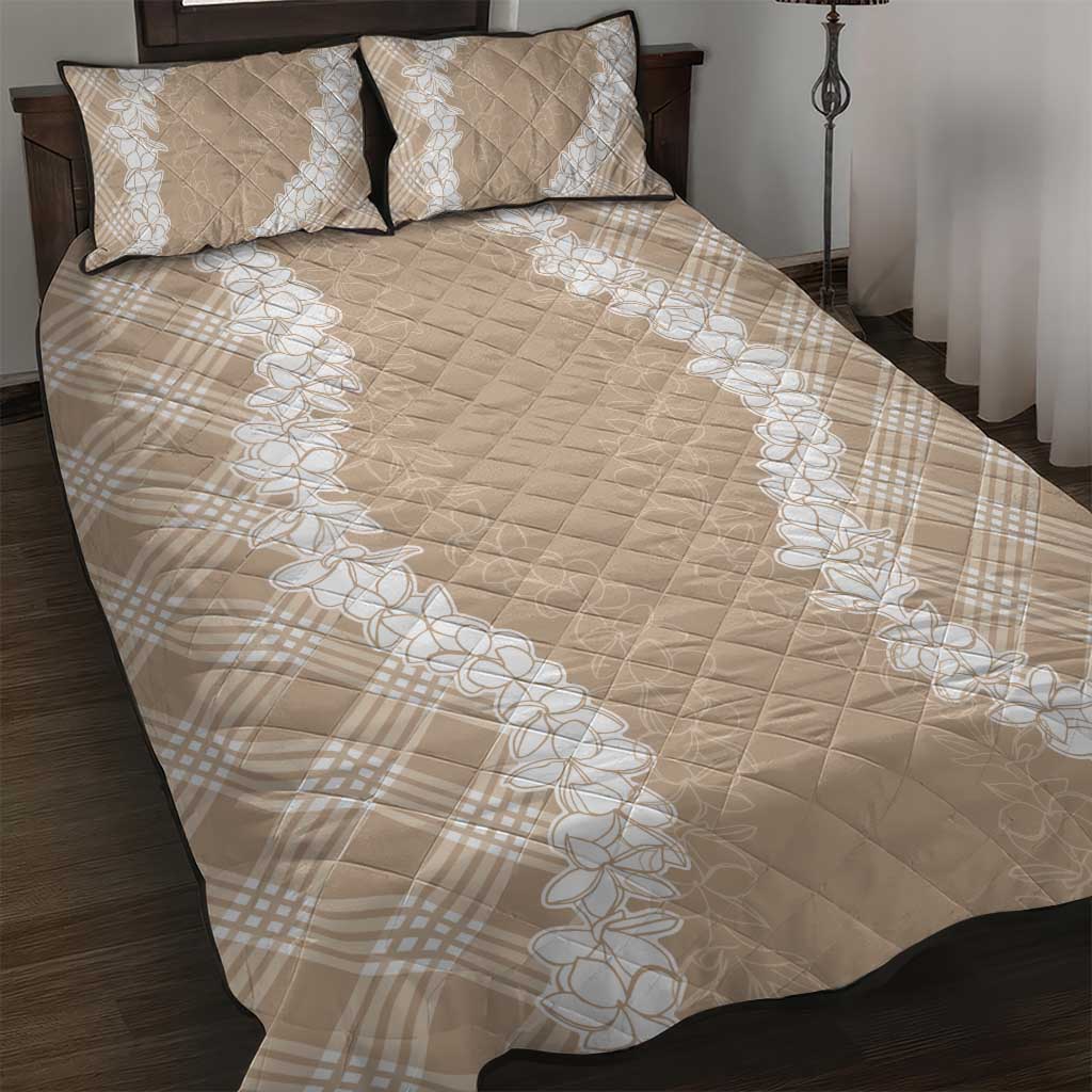 Hawaii Aloha Plumeria Lei Beige Palaka Quilt Bed Set - Polynesian Pride