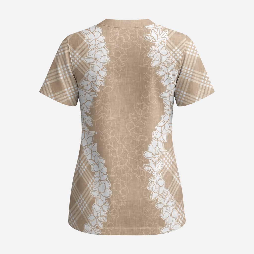 Hawaii Aloha Plumeria Lei Beige Palaka Scrub Top - Polynesian Pride