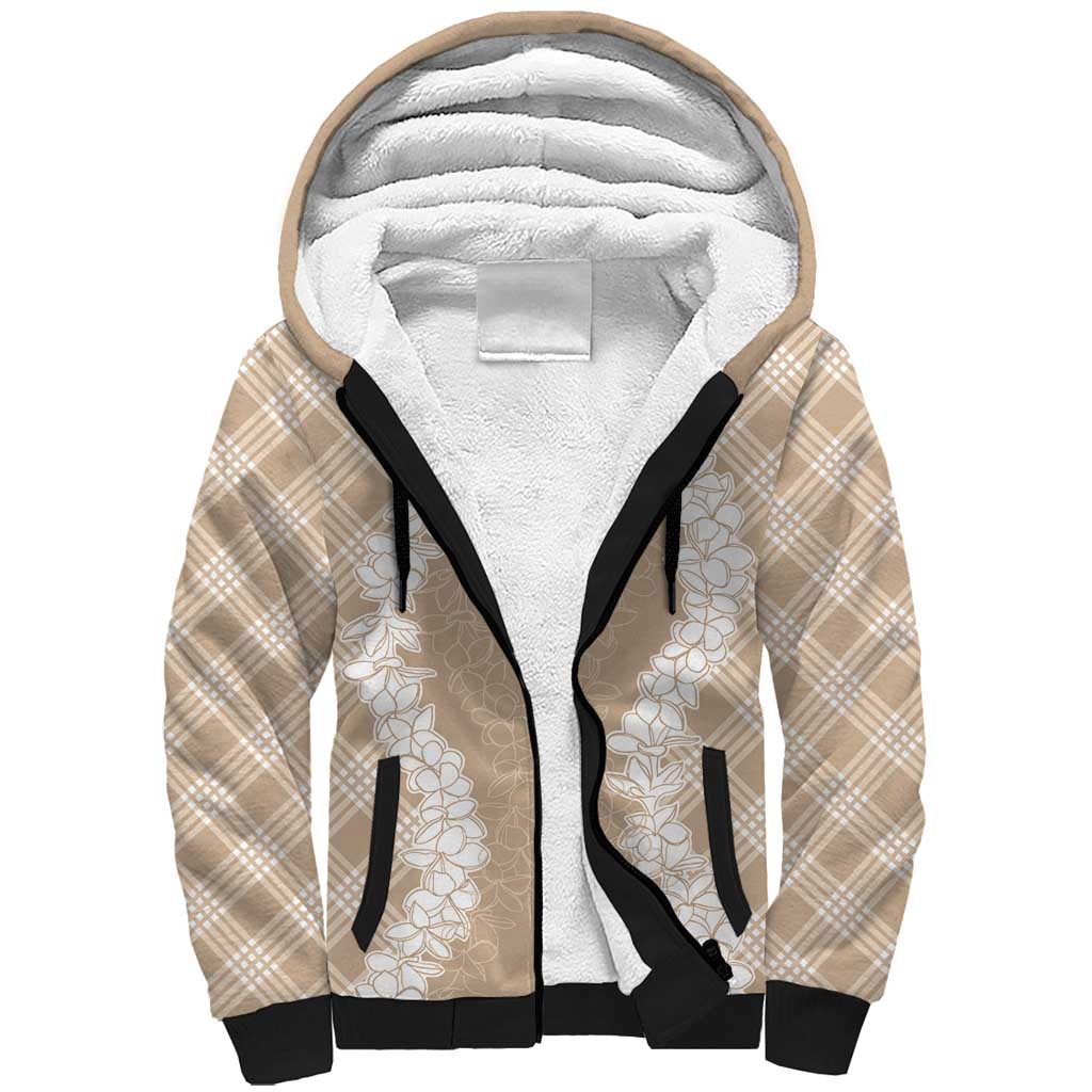 Hawaii Aloha Plumeria Lei Beige Palaka Sherpa Hoodie - Polynesian Pride