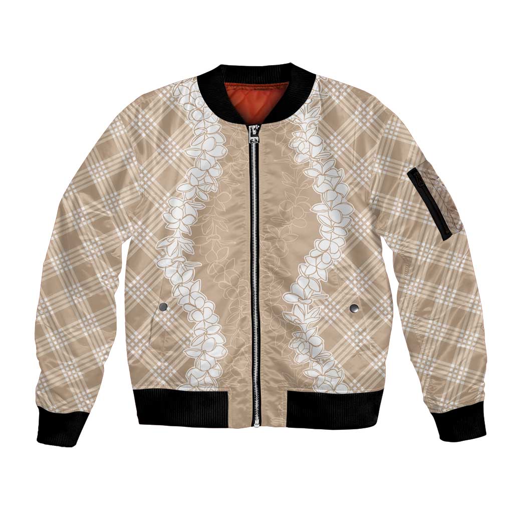 Hawaii Aloha Plumeria Lei Beige Palaka Sleeve Zip Bomber Jacket LT7 Unisex Beige - Polynesian Pride