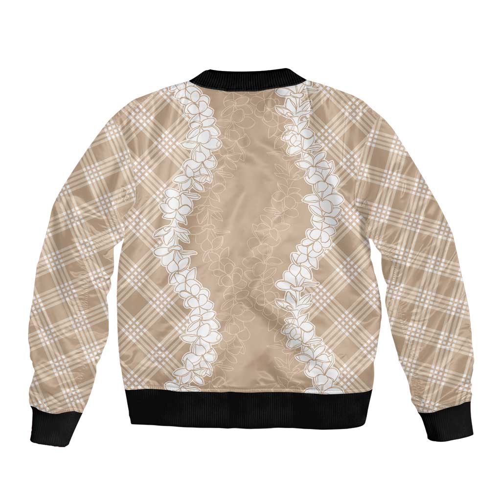 Hawaii Aloha Plumeria Lei Beige Palaka Sleeve Zip Bomber Jacket LT7 - Polynesian Pride