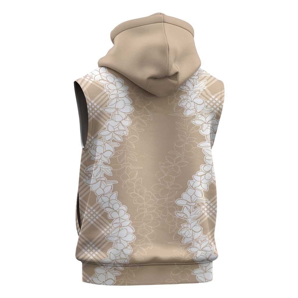Hawaii Aloha Plumeria Lei Beige Palaka Sleeveless Zip Hoodie - Polynesian Pride