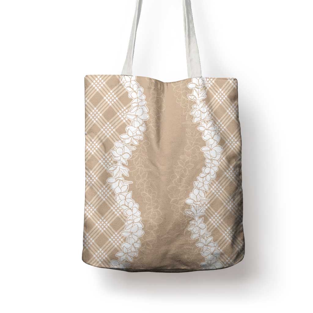 Hawaii Aloha Plumeria Lei Beige Palaka Tote Bag - Polynesian Pride