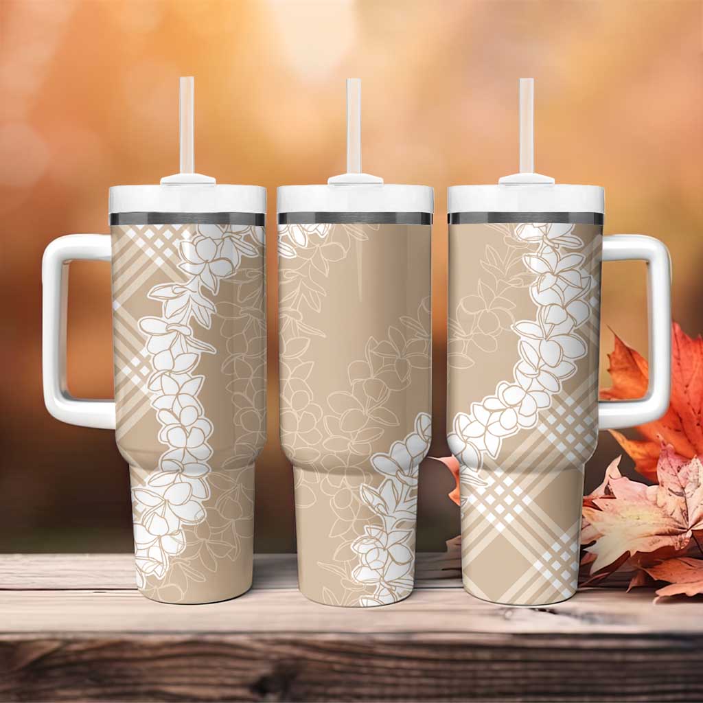 Hawaii Aloha Plumeria Lei Beige Palaka Tumbler With Handle - Polynesian Pride