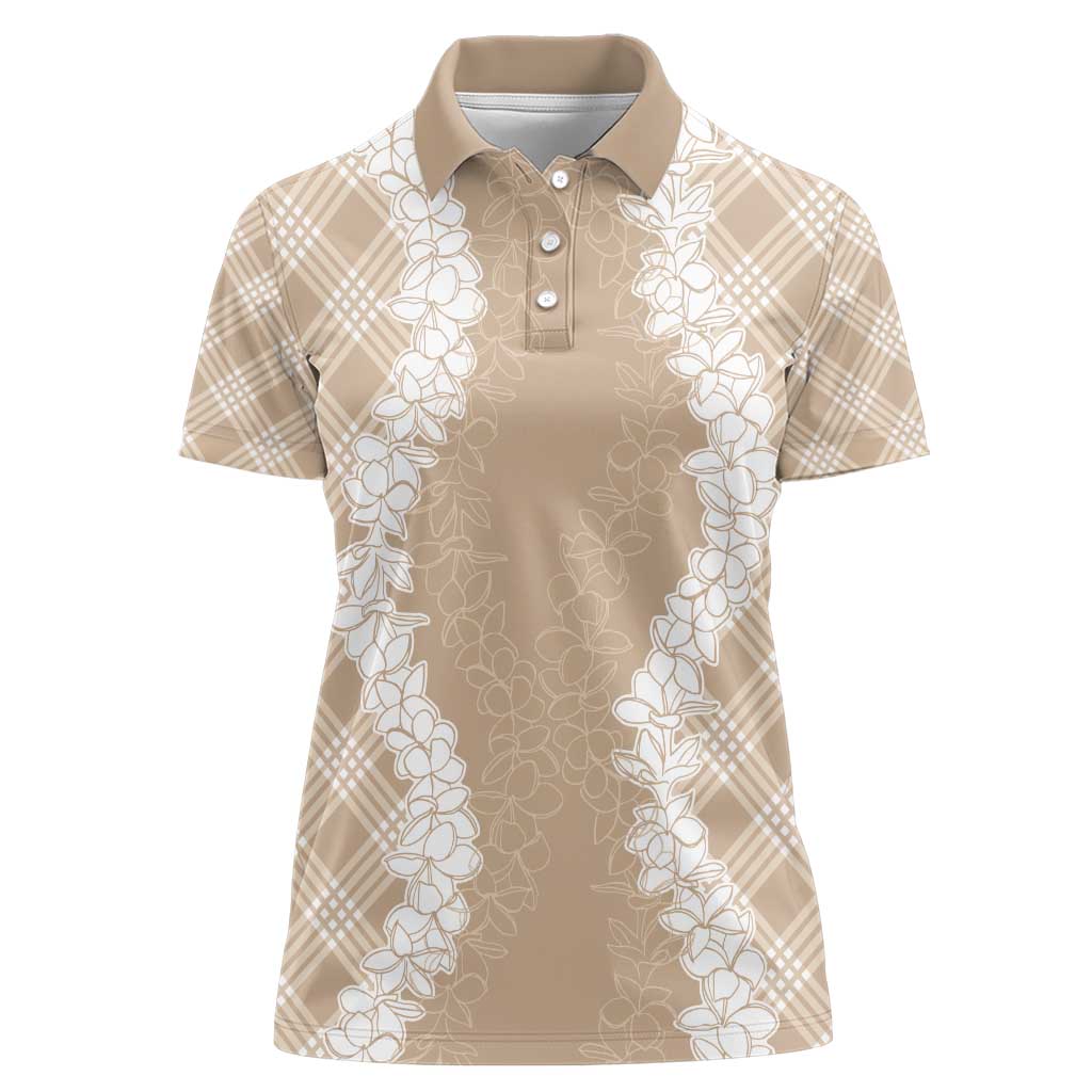 Hawaii Aloha Plumeria Lei Beige Palaka Women Polo Shirt - Polynesian Pride