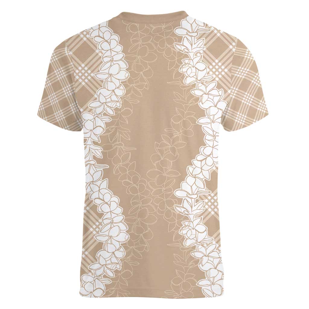 Hawaii Aloha Plumeria Lei Beige Palaka Women V-Neck T-Shirt - Polynesian Pride