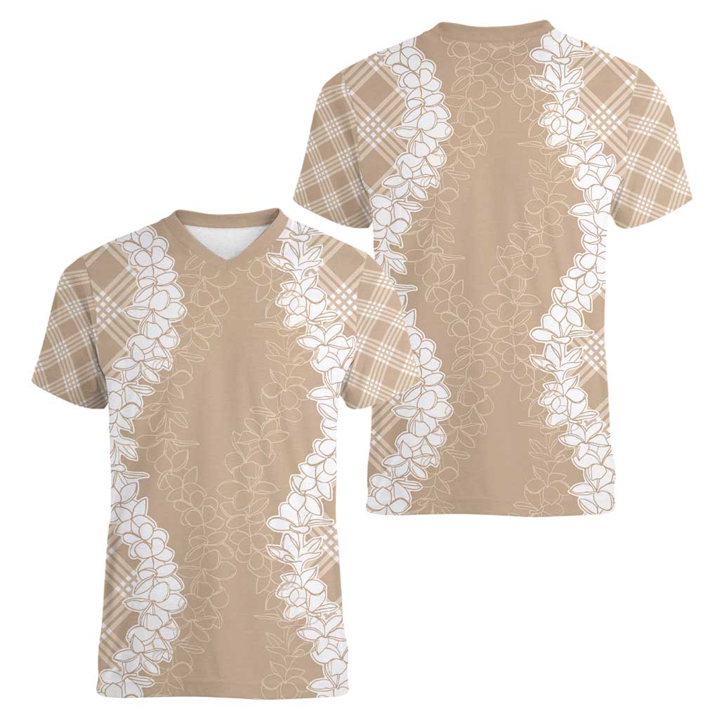 Hawaii Aloha Plumeria Lei Beige Palaka Women V-Neck T-Shirt - Polynesian Pride