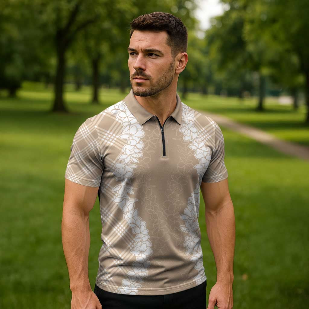 Hawaii Aloha Plumeria Lei Beige Palaka Zipper Polo Shirt - Polynesian Pride