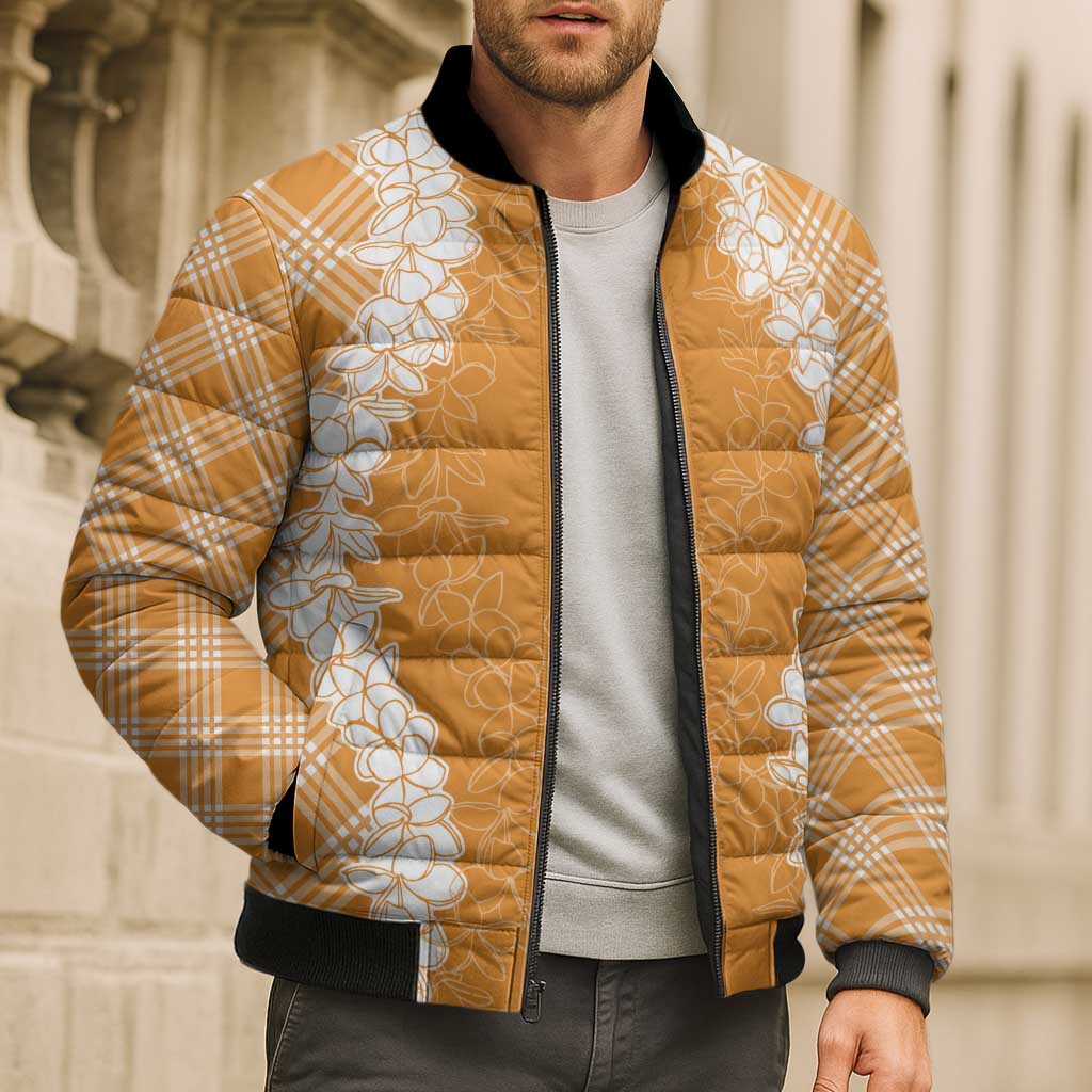 Hawaii Aloha Plumeria Lei Orange Palaka Bomber Puffer Jacket - Polynesian Pride