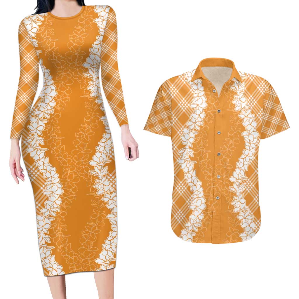 Hawaii Aloha Plumeria Lei Orange Palaka Couples Matching Long Sleeve Bodycon Dress and Hawaiian Shirt - Polynesian Pride