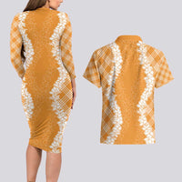 Hawaii Aloha Plumeria Lei Orange Palaka Couples Matching Long Sleeve Bodycon Dress and Hawaiian Shirt - Polynesian Pride