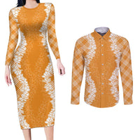 Hawaii Aloha Plumeria Lei Orange Palaka Couples Matching Long Sleeve Bodycon Dress and Long Sleeve Button Shirt - Polynesian Pride
