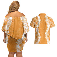 Hawaii Aloha Plumeria Lei Orange Palaka Couples Matching Off Shoulder Short Dress and Hawaiian Shirt - Polynesian Pride