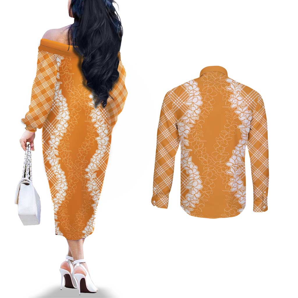 Hawaii Aloha Plumeria Lei Orange Palaka Couples Matching Off The Shoulder Long Sleeve Dress and Long Sleeve Button Shirt - Polynesian Pride