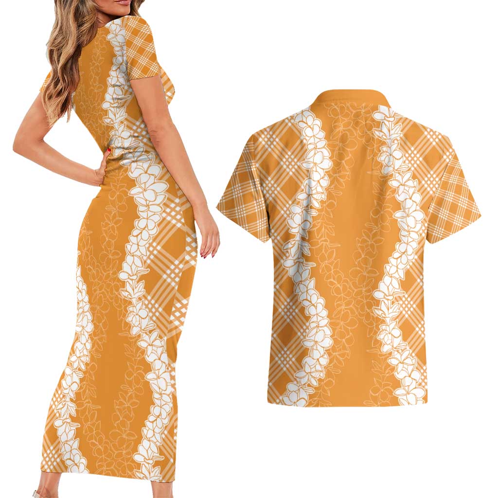 Hawaii Aloha Plumeria Lei Orange Palaka Couples Matching Short Sleeve Bodycon Dress and Hawaiian Shirt - Polynesian Pride