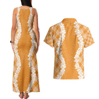 Hawaii Aloha Plumeria Lei Orange Palaka Couples Matching Tank Maxi Dress and Hawaiian Shirt - Polynesian Pride
