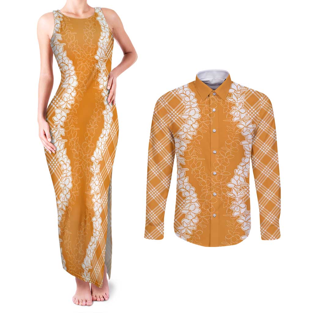 Hawaii Aloha Plumeria Lei Orange Palaka Couples Matching Tank Maxi Dress and Long Sleeve Button Shirt - Polynesian Pride