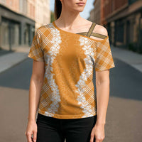 Hawaii Aloha Plumeria Lei Orange Palaka Cross Shoulder Shirt - Polynesian Pride