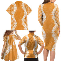 Hawaii Aloha Plumeria Lei Orange Palaka Family Matching Long Sleeve Bodycon Dress and Hawaiian Shirt - Polynesian Pride