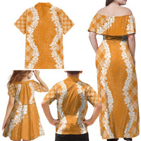 Hawaii Aloha Plumeria Lei Orange Palaka Family Matching Off Shoulder Maxi Dress and Hawaiian Shirt - Polynesian Pride