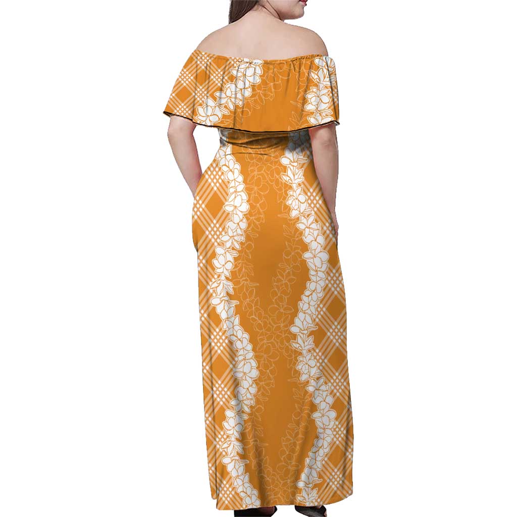 Hawaii Aloha Plumeria Lei Orange Palaka Family Matching Off Shoulder Maxi Dress and Hawaiian Shirt - Polynesian Pride
