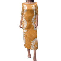 Hawaii Aloha Plumeria Lei Orange Palaka Family Matching Puletasi and Hawaiian Shirt - Polynesian Pride