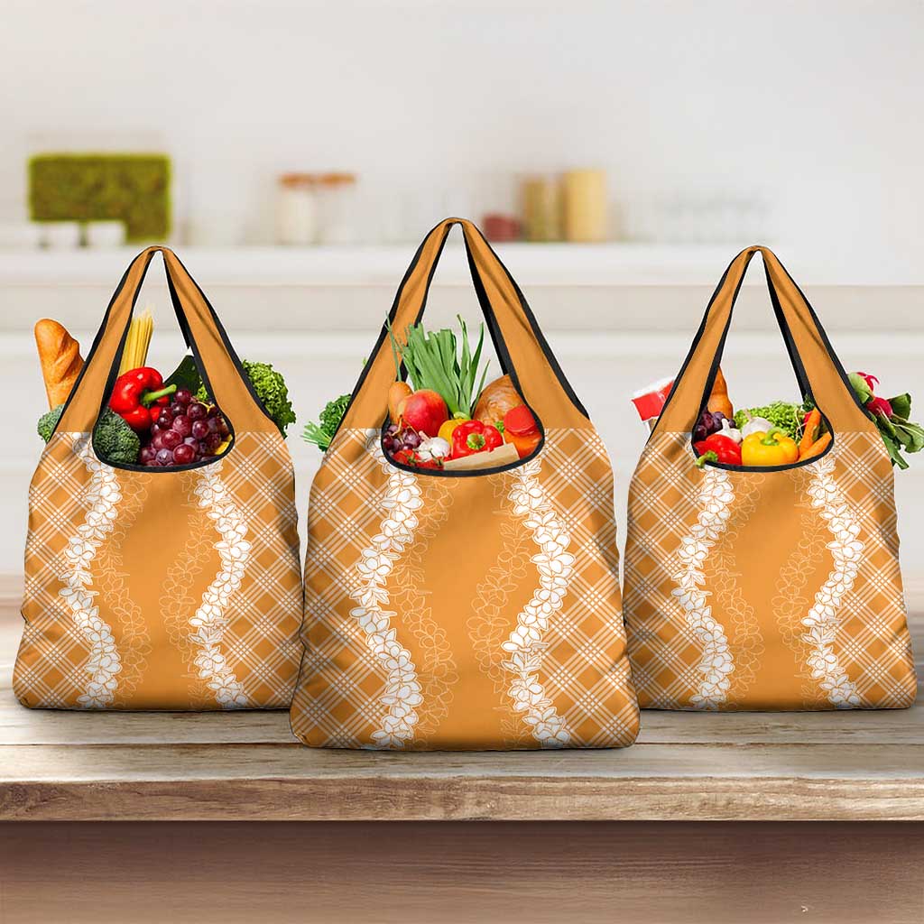 Hawaii Aloha Plumeria Lei Orange Palaka Grocery Bag - Polynesian Pride