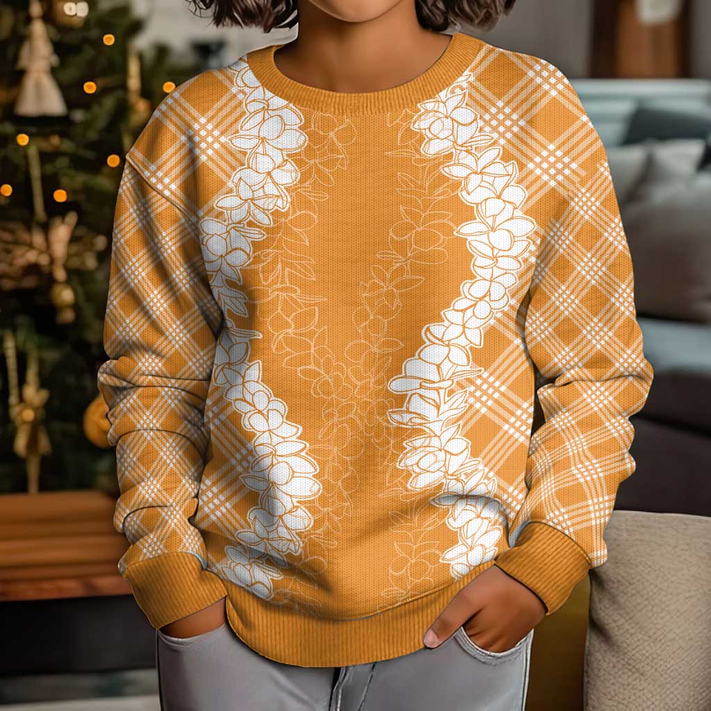 Hawaii Aloha Plumeria Lei Orange Palaka Kid Ugly Christmas Sweater - Polynesian Pride