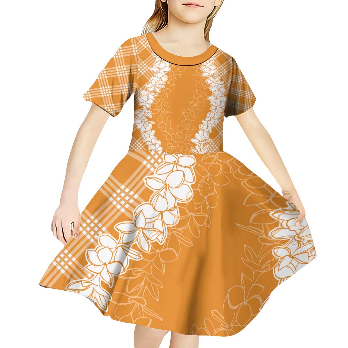Hawaii Aloha Plumeria Lei Orange Palaka Kid Short Sleeve Dress - Polynesian Pride