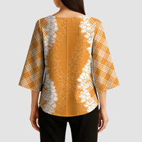 Hawaii Aloha Plumeria Lei Orange Palaka Kimono Sleeve Blouse - Polynesian Pride