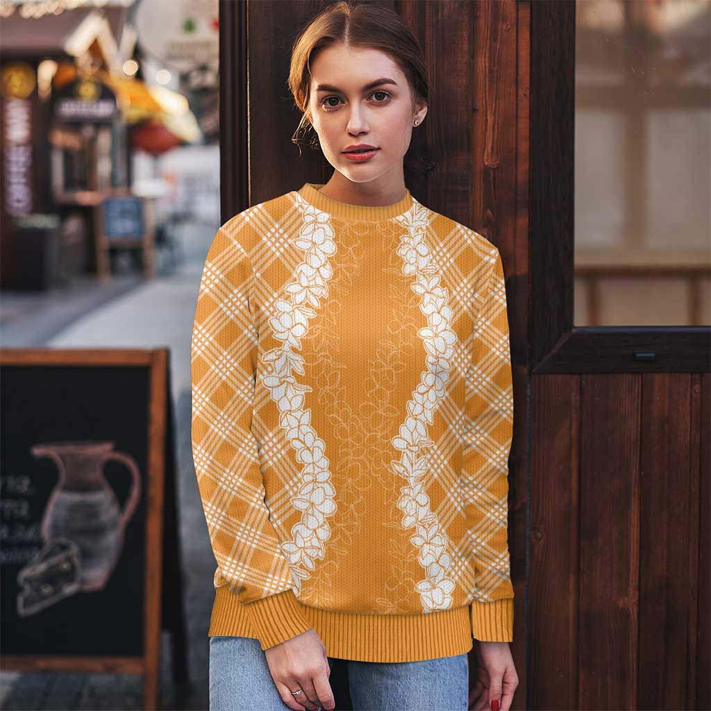 Hawaii Aloha Plumeria Lei Orange Palaka Ugly Christmas Sweater - Polynesian Pride