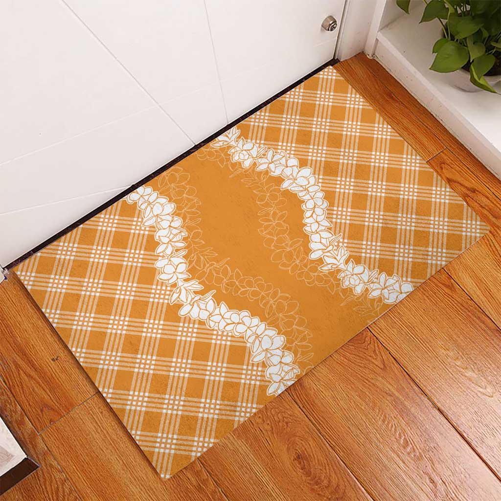 Hawaii Aloha Plumeria Lei Orange Palaka Rubber Doormat - Polynesian Pride