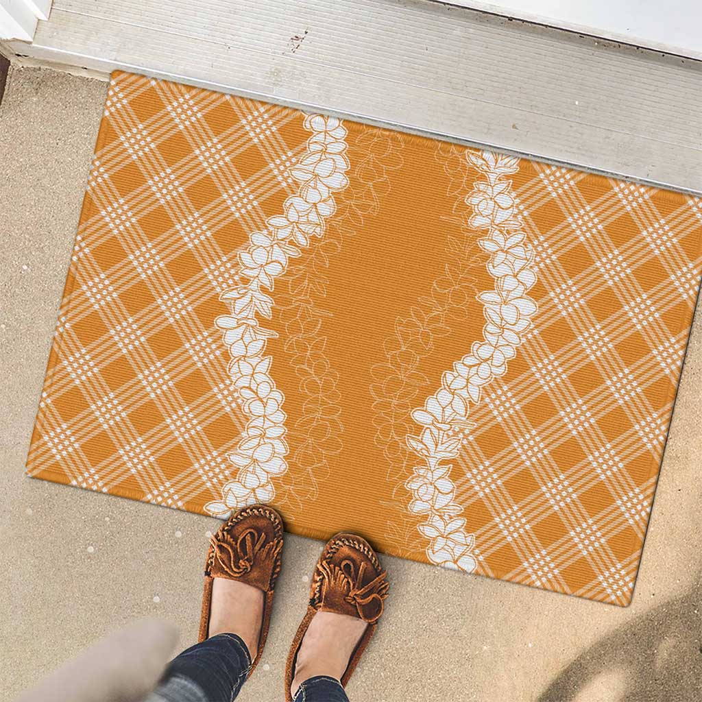 Hawaii Aloha Plumeria Lei Orange Palaka Rubber Doormat - Polynesian Pride