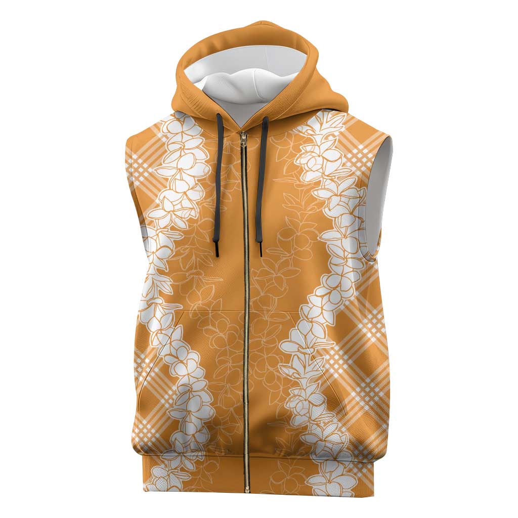 Hawaii Aloha Plumeria Lei Orange Palaka Sleeveless Zip Hoodie - Polynesian Pride
