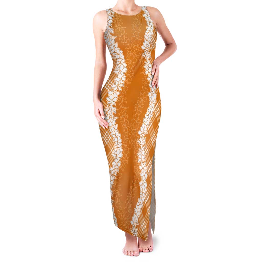 Hawaii Aloha Plumeria Lei Orange Palaka Tank Maxi Dress - Polynesian Pride