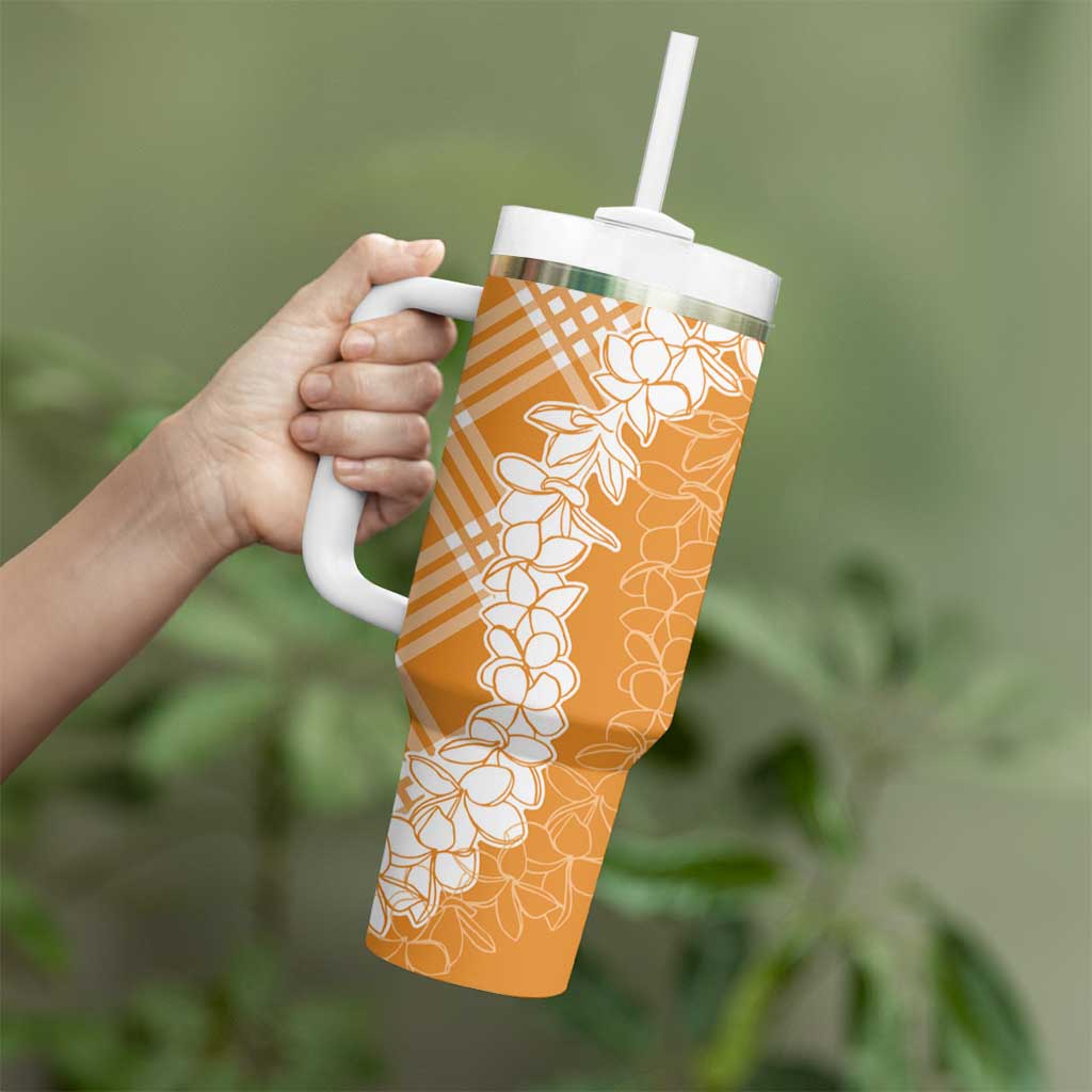 Hawaii Aloha Plumeria Lei Orange Palaka Tumbler With Handle - Polynesian Pride