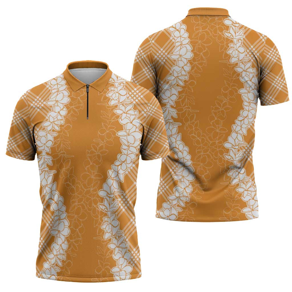 Hawaii Aloha Plumeria Lei Orange Palaka Zipper Polo Shirt - Polynesian Pride