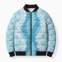 Hawaii Aloha Plumeria Lei Turquoise Palaka Bomber Puffer Jacket - Polynesian Pride
