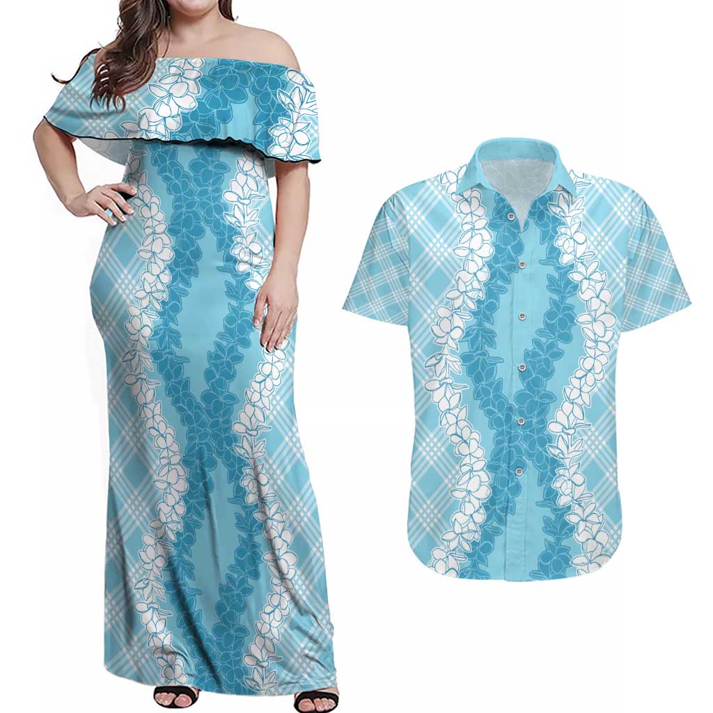 Hawaii Aloha Plumeria Lei Turquoise Palaka Couples Matching Off Shoulder Maxi Dress and Hawaiian Shirt - Polynesian Pride