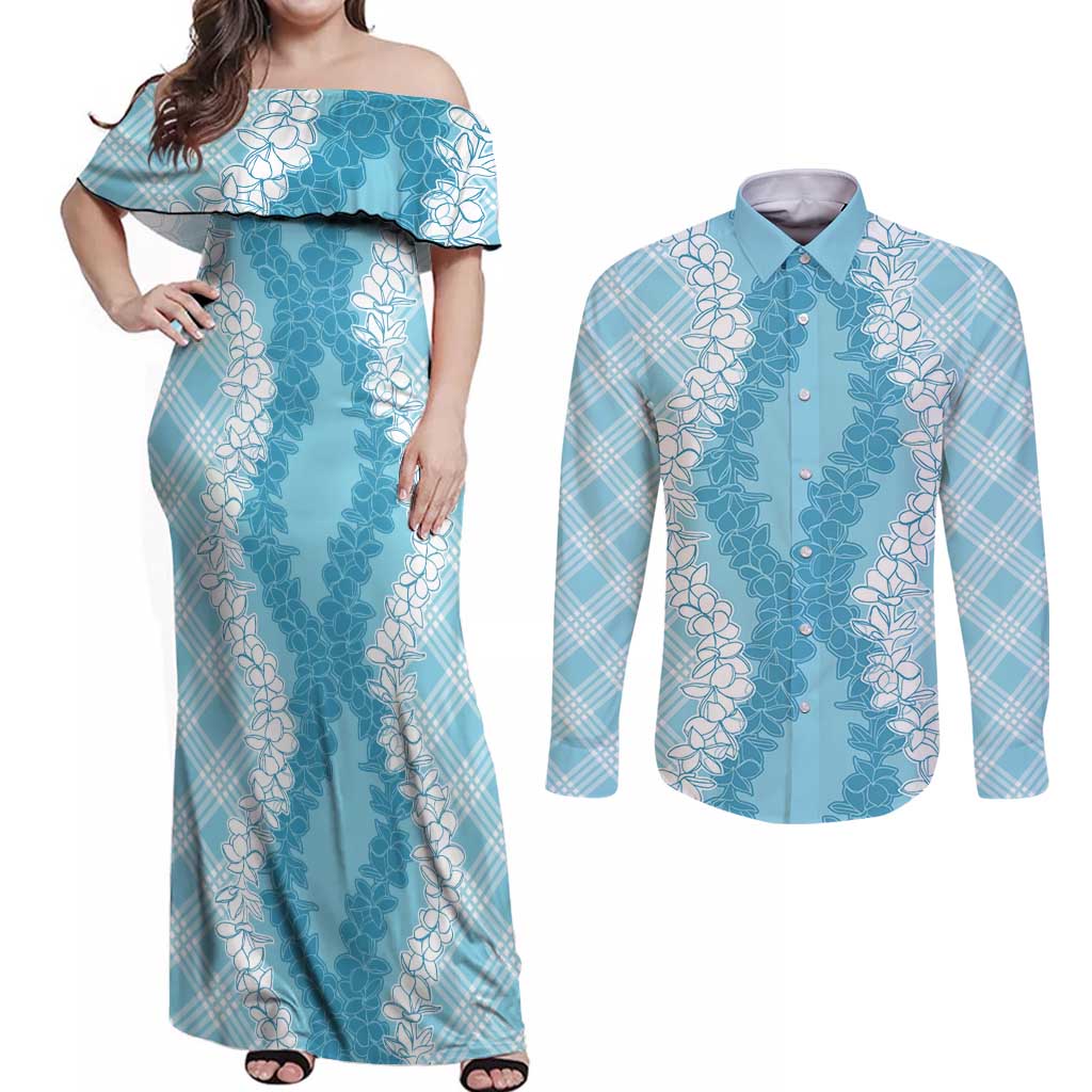 Hawaii Aloha Plumeria Lei Turquoise Palaka Couples Matching Off Shoulder Maxi Dress and Long Sleeve Button Shirt - Polynesian Pride