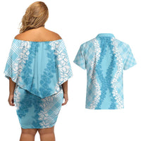 Hawaii Aloha Plumeria Lei Turquoise Palaka Couples Matching Off Shoulder Short Dress and Hawaiian Shirt - Polynesian Pride