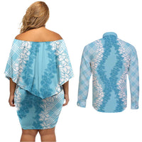Hawaii Aloha Plumeria Lei Turquoise Palaka Couples Matching Off Shoulder Short Dress and Long Sleeve Button Shirt - Polynesian Pride