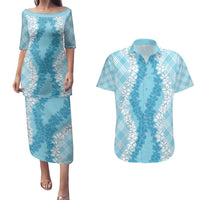 Hawaii Aloha Plumeria Lei Turquoise Palaka Couples Matching Puletasi and Hawaiian Shirt - Polynesian Pride
