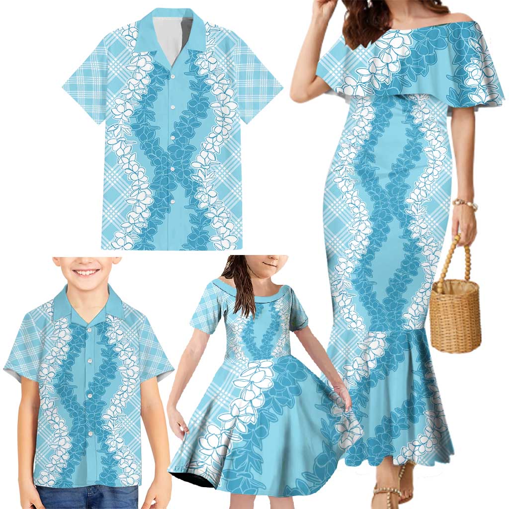 Hawaii Aloha Plumeria Lei Turquoise Palaka Family Matching Mermaid Dress and Hawaiian Shirt - Polynesian Pride