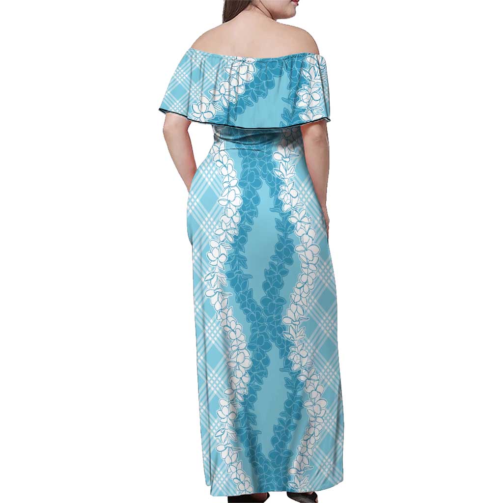 Hawaii Aloha Plumeria Lei Turquoise Palaka Family Matching Off Shoulder Maxi Dress and Hawaiian Shirt - Polynesian Pride
