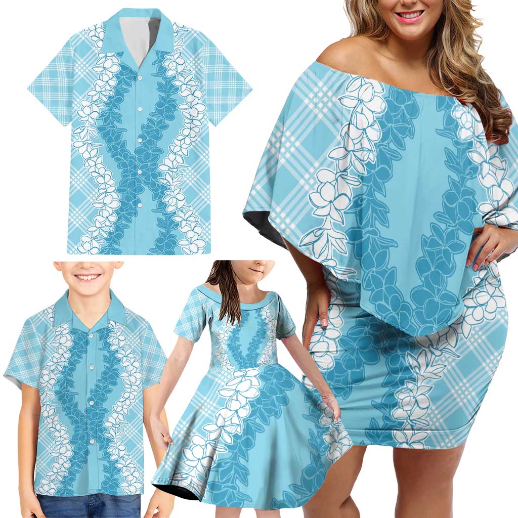 Hawaii Aloha Plumeria Lei Turquoise Palaka Family Matching Off Shoulder Short Dress and Hawaiian Shirt - Polynesian Pride