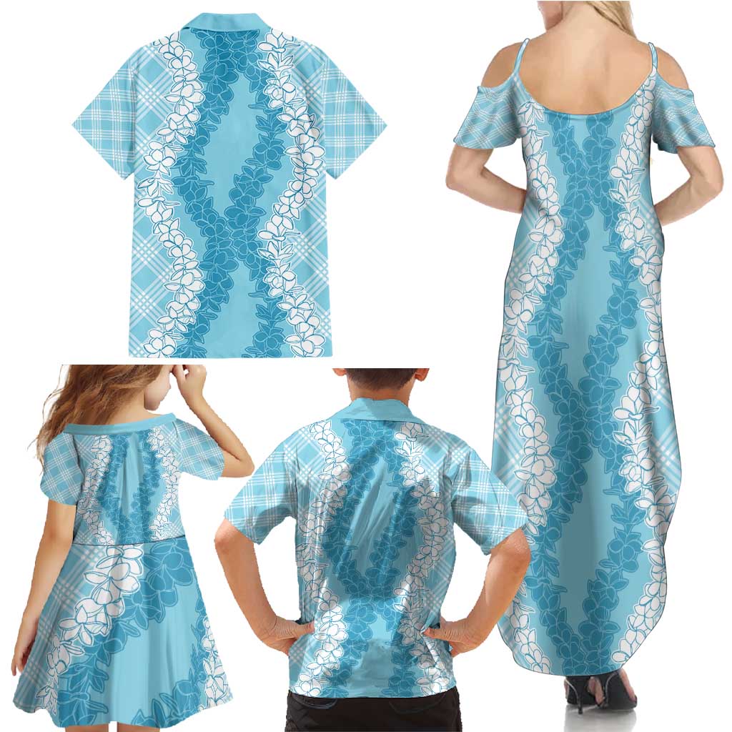 Hawaii Aloha Plumeria Lei Turquoise Palaka Family Matching Summer Maxi Dress and Hawaiian Shirt - Polynesian Pride