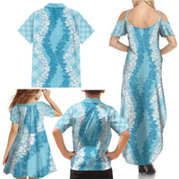 Hawaii Aloha Plumeria Lei Turquoise Palaka Family Matching Summer Maxi Dress and Hawaiian Shirt - Polynesian Pride