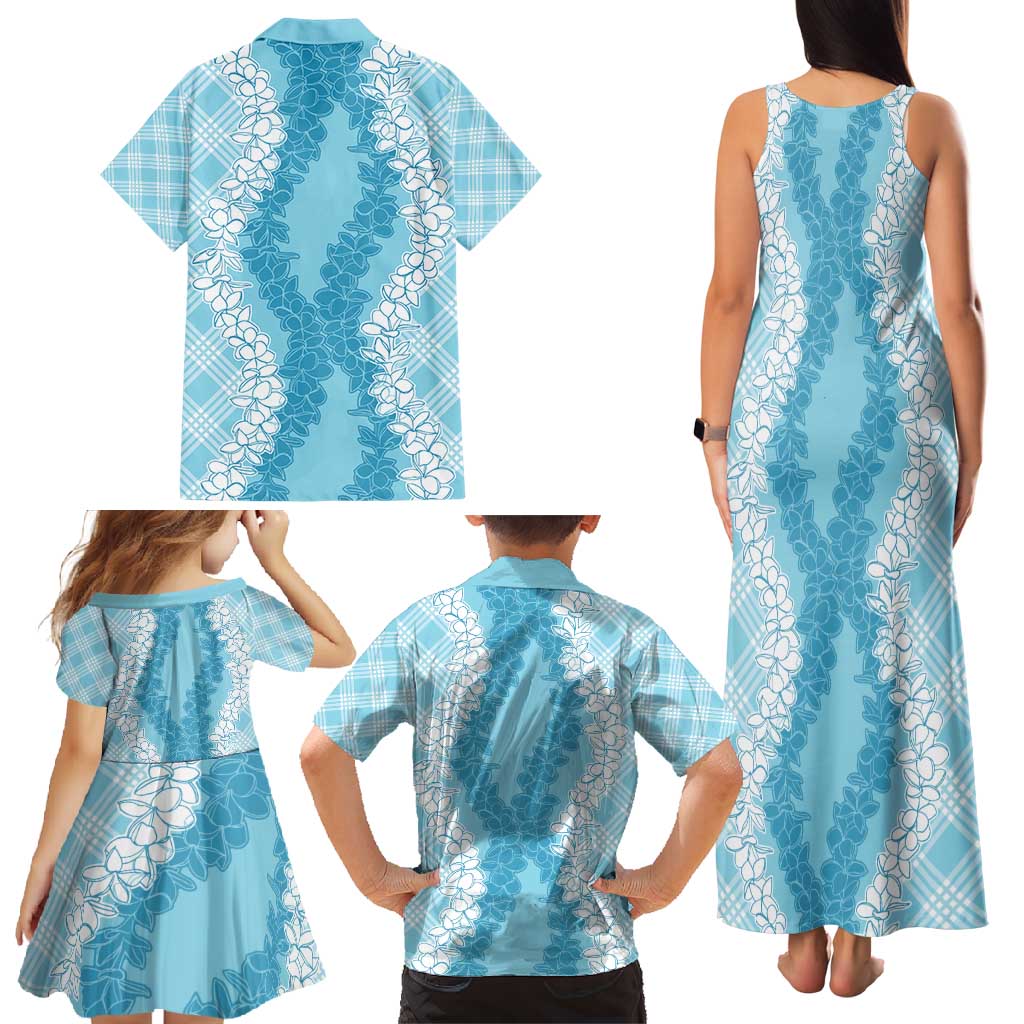 Hawaii Aloha Plumeria Lei Turquoise Palaka Family Matching Tank Maxi Dress and Hawaiian Shirt - Polynesian Pride
