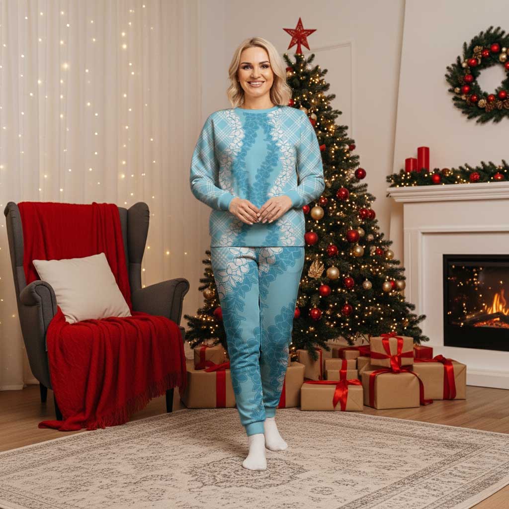 Hawaii Aloha Plumeria Lei Turquoise Palaka Christmas Pajama Set - Polynesian Pride
